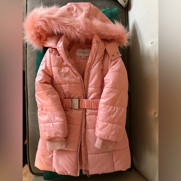 Calvin Klein faux fur hooded Blush Pink Puffer w/Belt Coat - EUC Like New - Picture 2 of 11